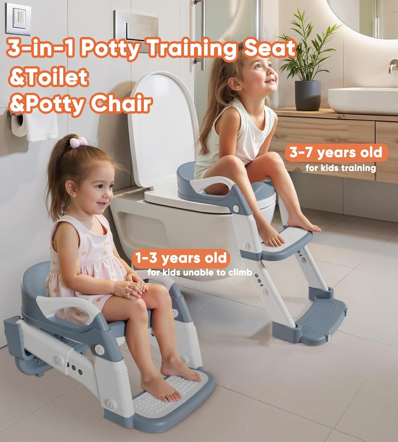 3-in-1 Potty Training Seat & Training Toilet & Potty Chair, Height Adjustable Toddler Toilet Seat for Kids Boys Girls, Foldable Potty Training Toilet with Splash Guard and Anti-Slip Steps