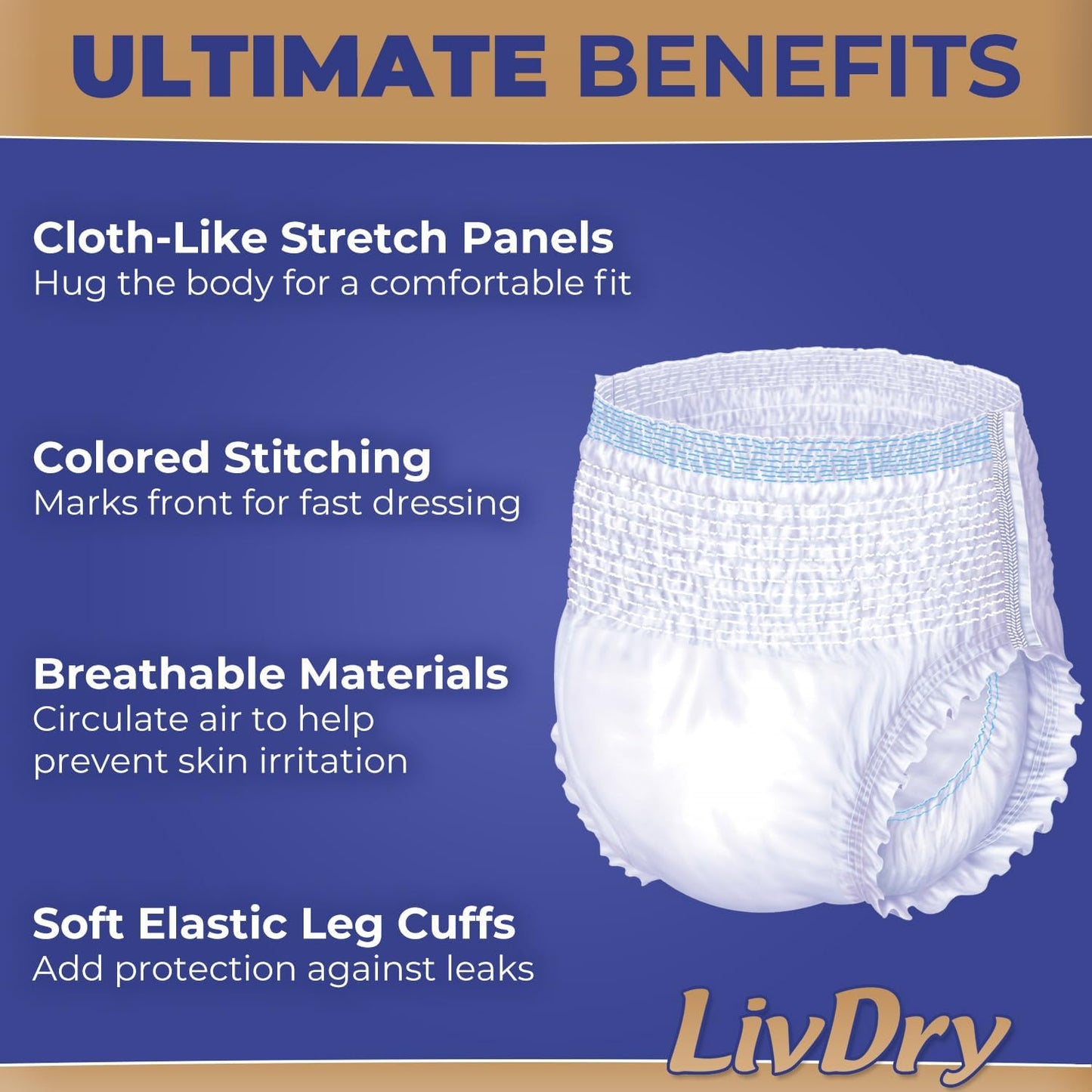 LivDry Ultimate XL Adult Incontinence Underwear, High Absorbency, Leak Cuff Protection, X-Large, 48-Pack