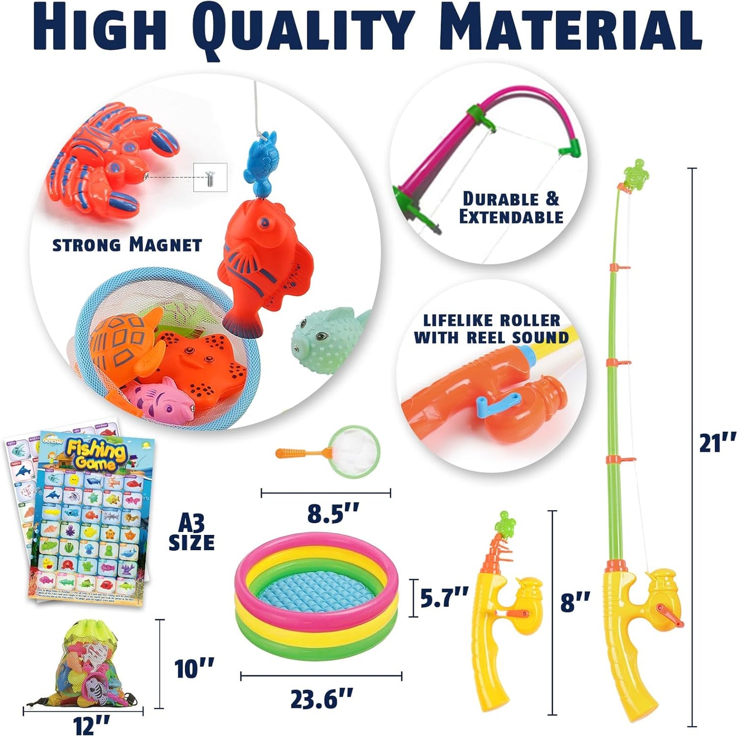 CozyBomB™ Magnetic Fishing Toys Game Set for Kids | Water Table Bathtub Kiddie Pool Party & Pole Rod Net, Plastic Floating Fish Toddler Color Ocean Sea Animals Birthday Age 3 4 5 6 Year