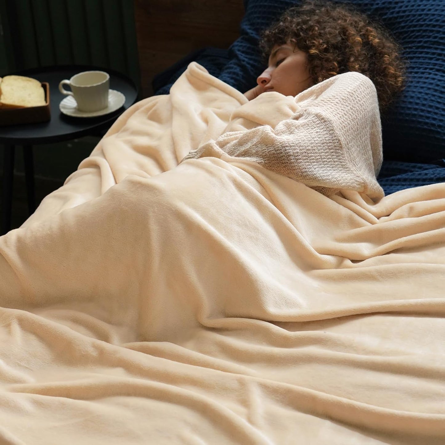 PHF Ultra Soft Fleece Blanket Queen Size, No Shed No Pilling Luxury Plush Cozy 300GSM Lightweight Blanket for Bed, Couch, Chair, Sofa Suitable for All Season, 90" x 90", Beige