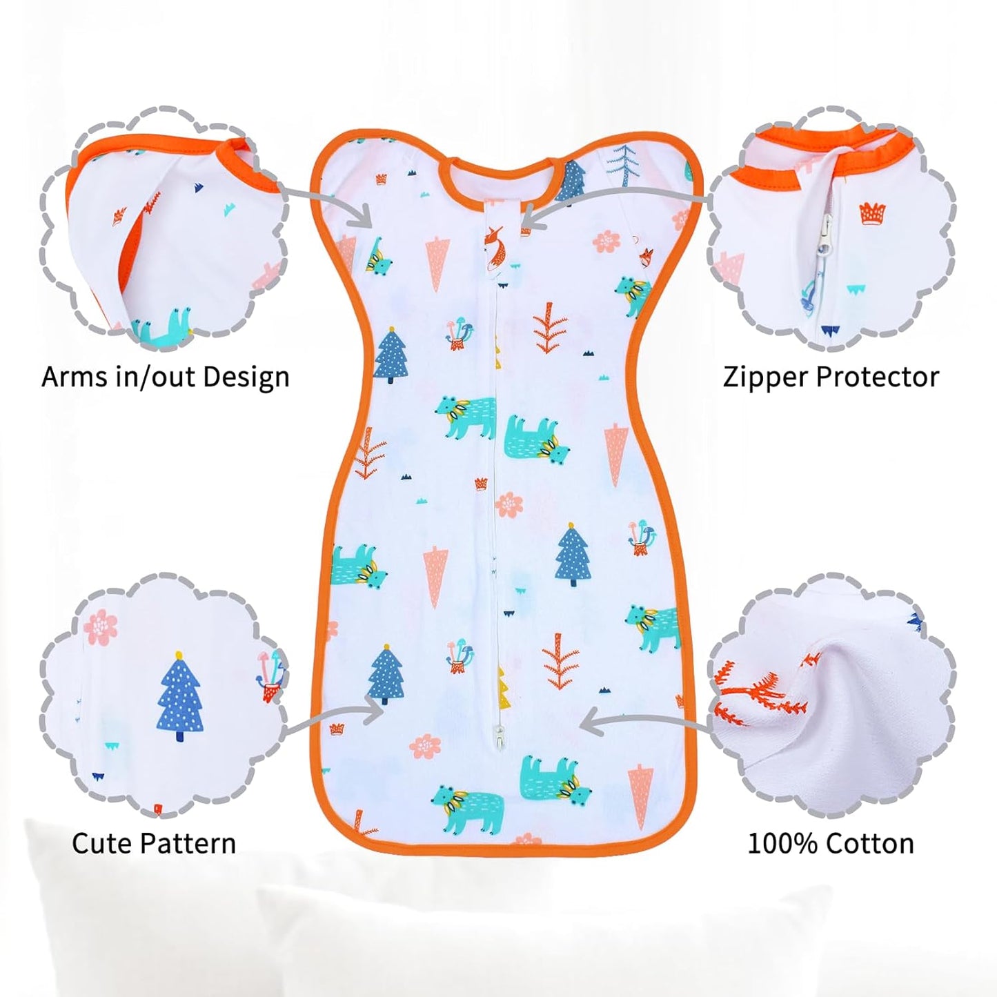 Transition Swaddle 6-9 Months Sleep Sack Arms up Swaddle 2-Way Zipper 100% Cotton Arms in/out, 0.8 Tog Sleep Sack Baby Swaddles for Boy Girl, 2-Pack Baby Transitional Swaddle Sack (Large 20-27lbs)