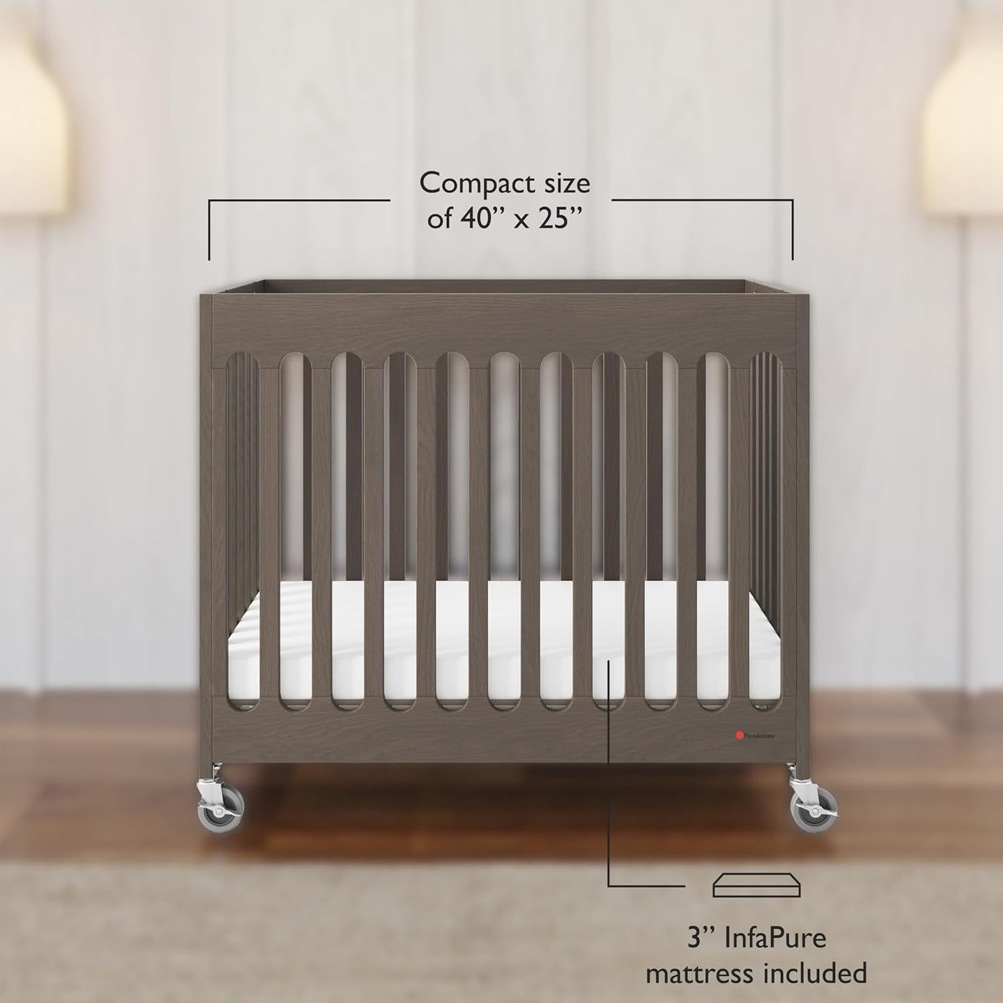 Foundations Boutique Compact Folding Crib 3 Pack for Hotels, Wood Crib, Commercial Casters, Includes 3" Foam Crib Mattress (Dapper Gray)