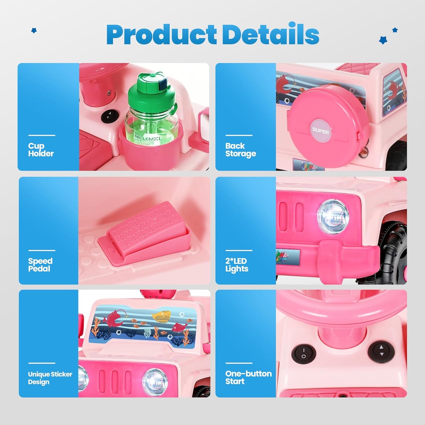 6V Toddler Ride On Car Interactive Electric Car with Horn LED Front Light Rear Storage Ocean Theme Perfect for Boys & Girls 18+ Months Safe Fun and Exciting for Little Explorers(Pink Ocean)