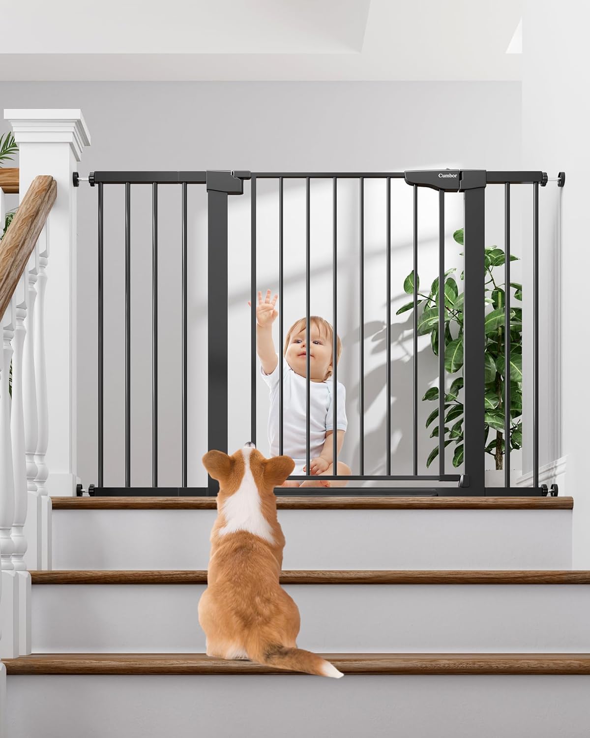 Cumbor 29.7-48" Baby Gate for Stairs, Mom's Choice Awards Winner-Dog Gate for Doorways, Auto Close Safety Pet Gate for Dogs Indoor, Easy Install Pressure Mounted Child Gate with Walk Thru Door, Black