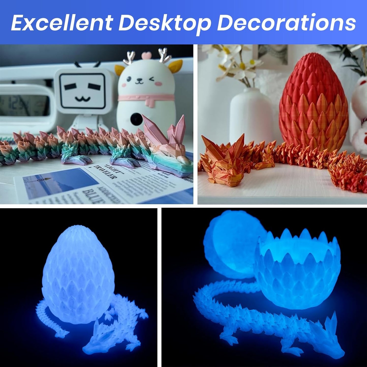 Dragon Egg,15 inchs Crystal Dragon,Articulated Dragon, Fidget Toys for Autism/ADHD,3D Printed Gift Toy, Executive Desk Toys,Home Office Decor (Luminous Blue)