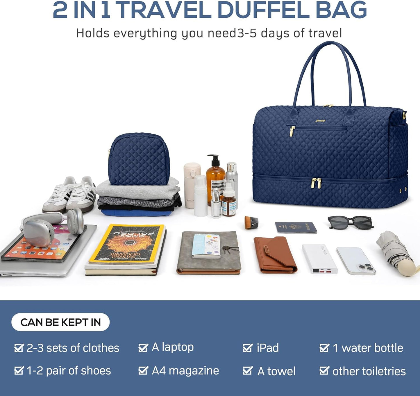 Travel Weekender Bags for Women - Carry on Overnight Bags with Shoe Compartment Duffle Bag with Laptop Pocket Hospital Bag for Labor Delivery Gym Tote Bag with Toiletry Bag Blue