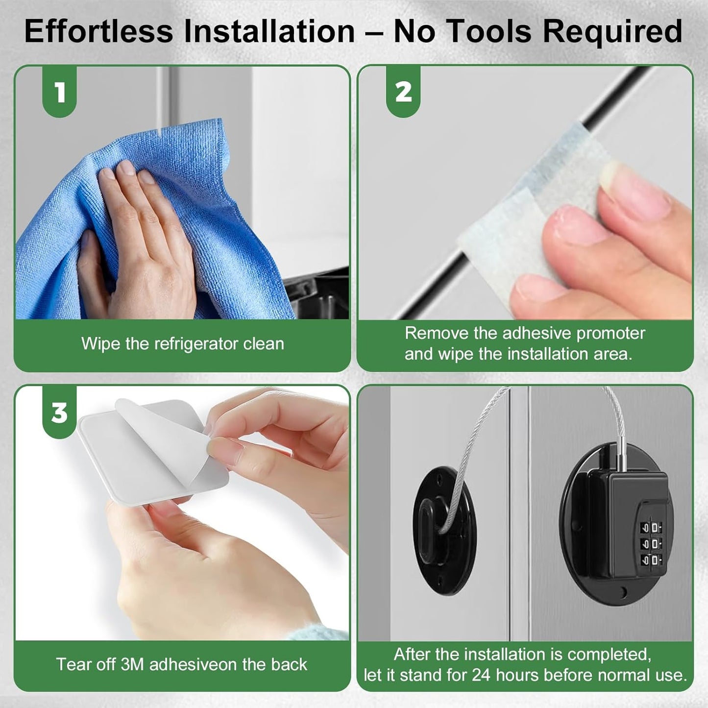 Heavy Duty Combination Refrigerator Lock (4 Pack) - Fridge Lock for Fridge, Cabinets, Drawers, Window and Cabinet Locks Baby Proofing, Strong Non-Marking Adhesive No Drilling (Black)