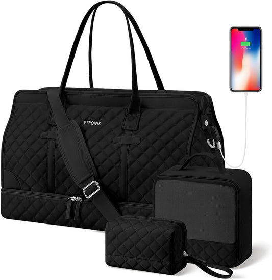 ETRONIK Weekender Overnight Bag for Women, Large Travel Duffle Bag with Shoe Compartment & Wet Pocket, Carry On Tote Bag Gym Duffel Bag with Toiletry Bag, 3 Pcs Set, Large Size, Dark Black