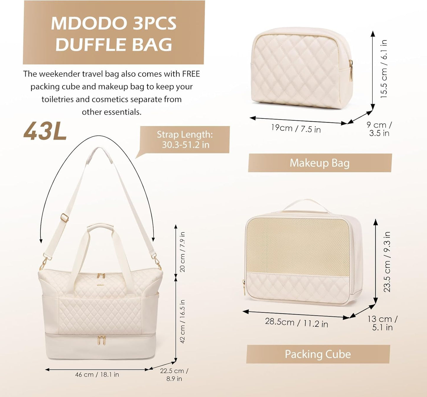 Travel Duffel Bags for Women Weekender Overnight Duffle Bag with Wet Pocket Shoes Compartment Carry on Tote Bag for Business,Trips,Travel,Sports,Gym,Yoga,Hospital,3 Pcs Set, 43L,Beige