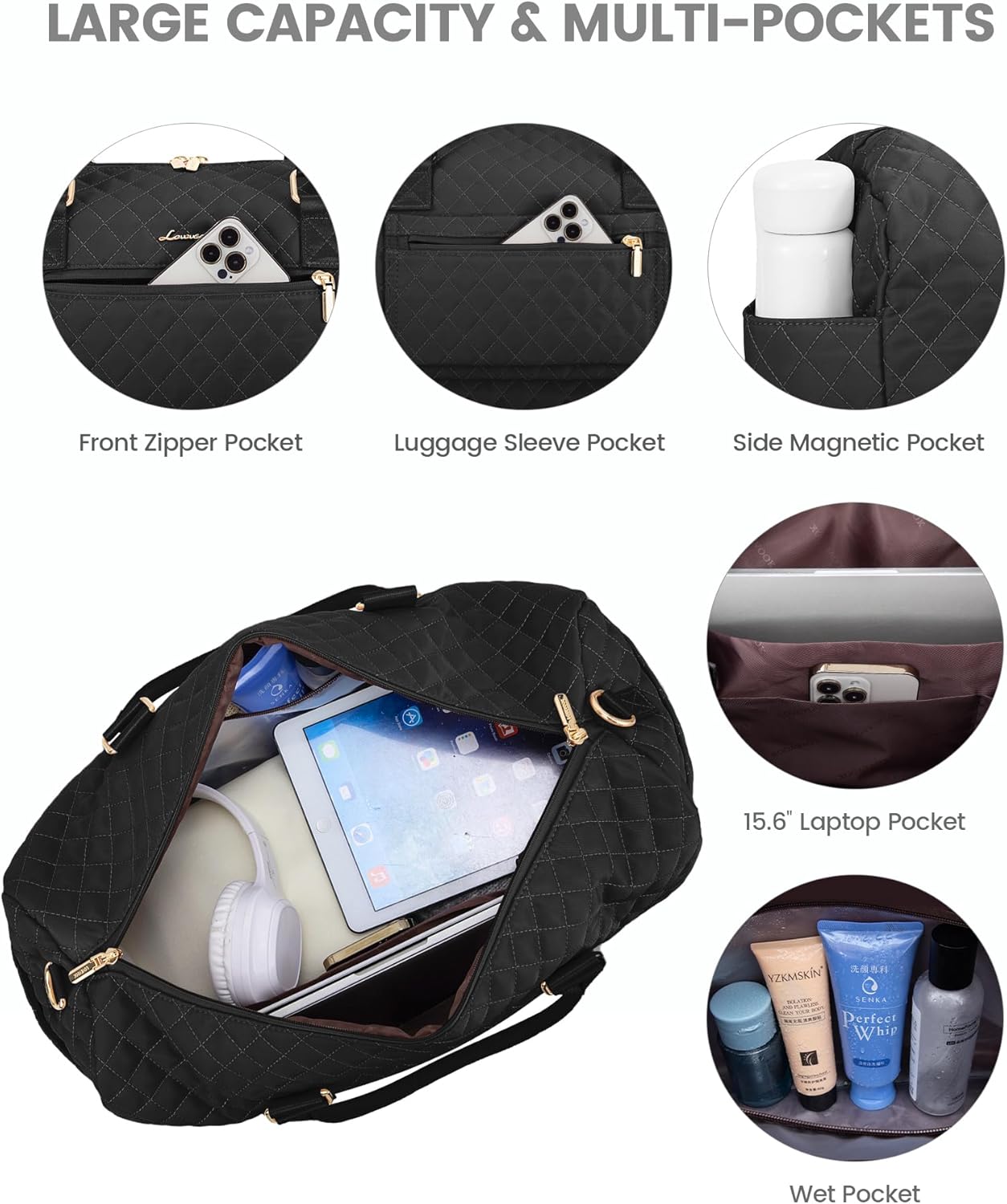 LOVEVOOK Travel Duffle Bag for Women, Weekender Overnight Bag with Shoe Compartment, Carry on Bag with Toiletry Bag, Gym Duffel Bag with Wet Pocket, Hospital Bags for Labor and Delivery 3 Pcs Set