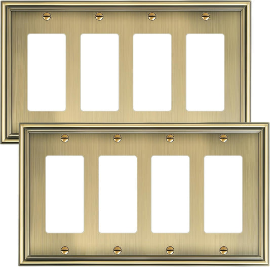 2-Pack Quad Decorator Cover Plate, Zinc Alloy Decorative Antique Brass Switch Plates and Outlet Covers, 4 Gang Wall Plate for Electrical Outlets, Receptacle, GFCI Outlet, Dimmer Switch