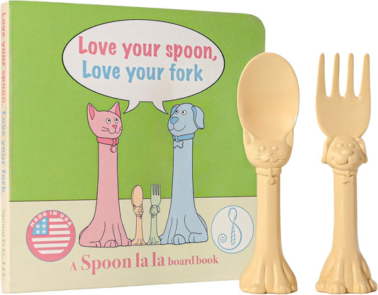 Made in USA Spoon la la Toddler Utensils Set (2 Pack) & Board Book - Spoon & Fork for Kids, Self-Standing 3D Ergonomic Cat & Dog Handles, BPA-free, Dishwasher Safe Baby Silverware (Yellow)
