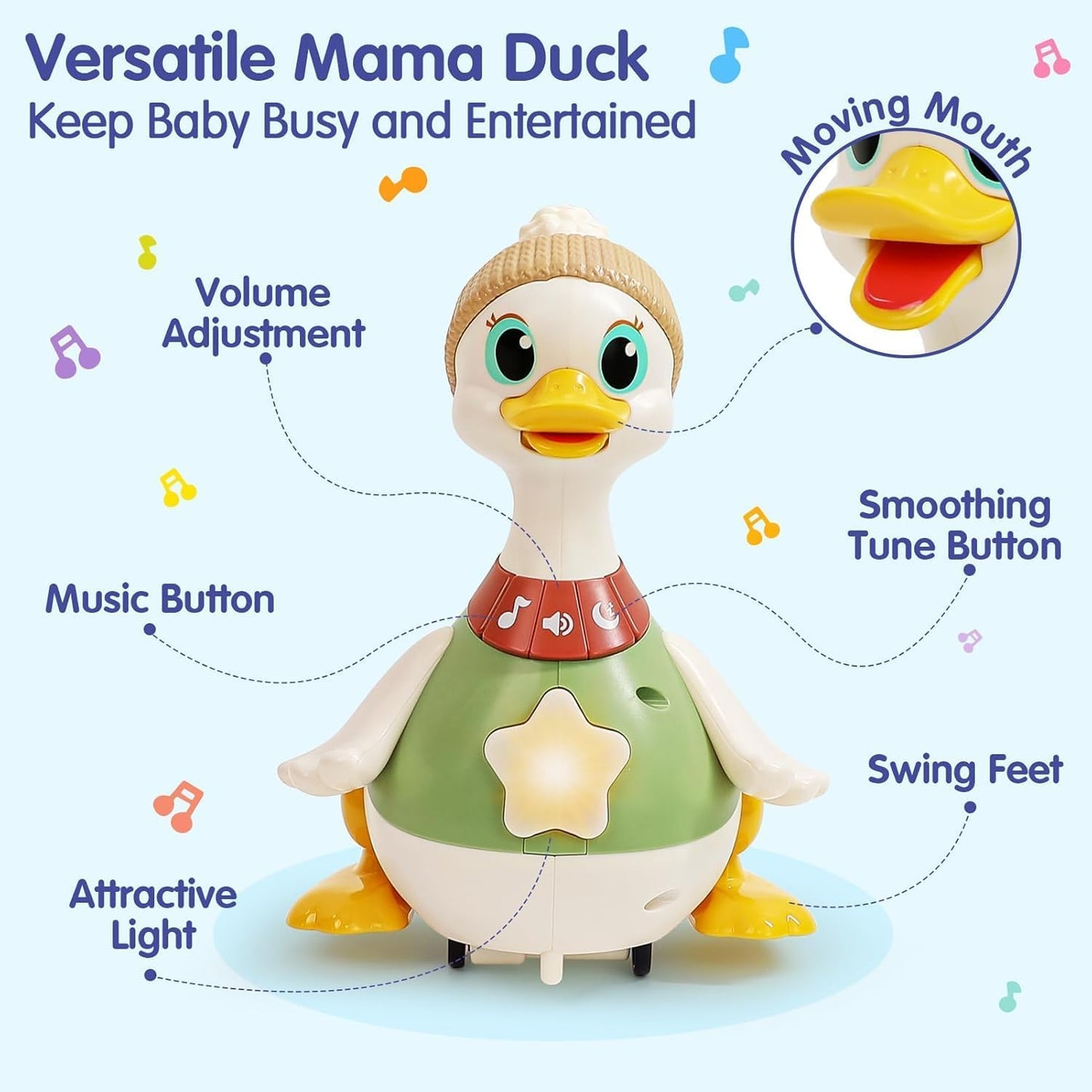 HOLA Baby Toys 6-12 Months Musical Dancing Duck Toy Set with Mama and Babys Tummy Time Toys, Crawling and Interaction Modes 1 Year Old Girl Boy Baby Easter Gifts Stocking Stuffers