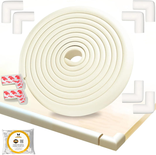 Table Edge Protector for Baby Proofing (18ft Edge+8 Corners) Baby Proof Corners and Edges Guard, Soft NBR Rubber Foam 3M Adhesive, Furniture Corner & Edge Safety Bumpers for Table & Fireplace-White
