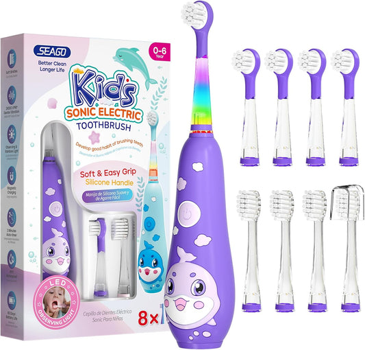SEAGO Kids Electric Toothbrushes Rechargeable, Toddler Electric Toothbrush with Magnetic Charging, LED Observing Light, 8 Toothbrush Heads for Ages 2-4-6 Boys Girls (Purple)