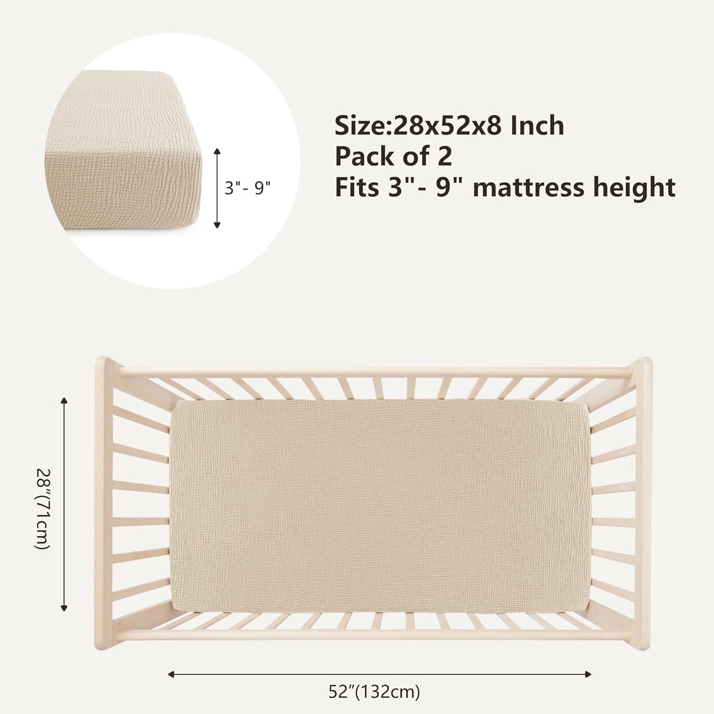 Bearmoss Muslin Crib Sheets 100% Cotton Baby Crib Sheets Fitted for Standard Crib Mattress & Toddler Bed Mattress 52"x28" Soft Breathable Crib Sheet Neutral for Boys Girls - 2 Pack (Oat Latte)