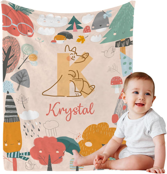Personalized Cute Animal Baby Blanket, Custom Initial Jungle Swaddle Blanket with Name Customized Super Soft Nursery Fleece Throw Blankets for Newborns Baby Shower Girls Kids Birthday