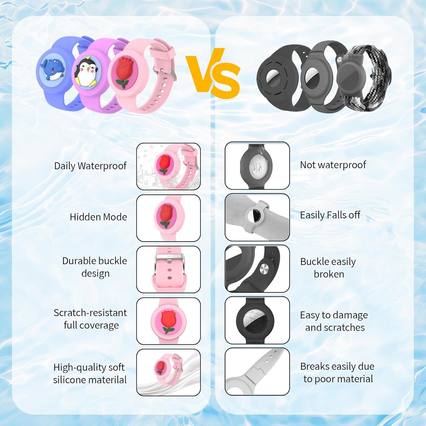 BoAn Waterproof Airtag Bracelet (3 Pack), Lightweight GPS Tracker Case Cover, Soft Silicone Hidden AirTag Wristband, Compatible with Apple Airtag Watch Band for Kids (Pink, Purple, Blue)