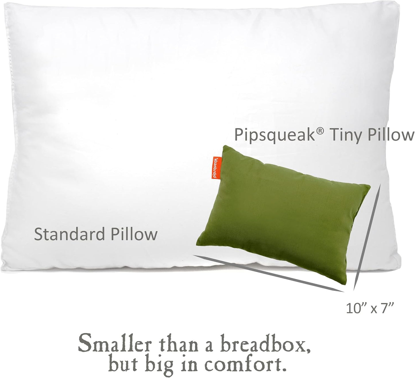Pipsqueak Small | Tiny | Mini Pillow with Name Tag - 11in x 7in x 2.5in - Machine Washable - White Pillow with Olive Case
