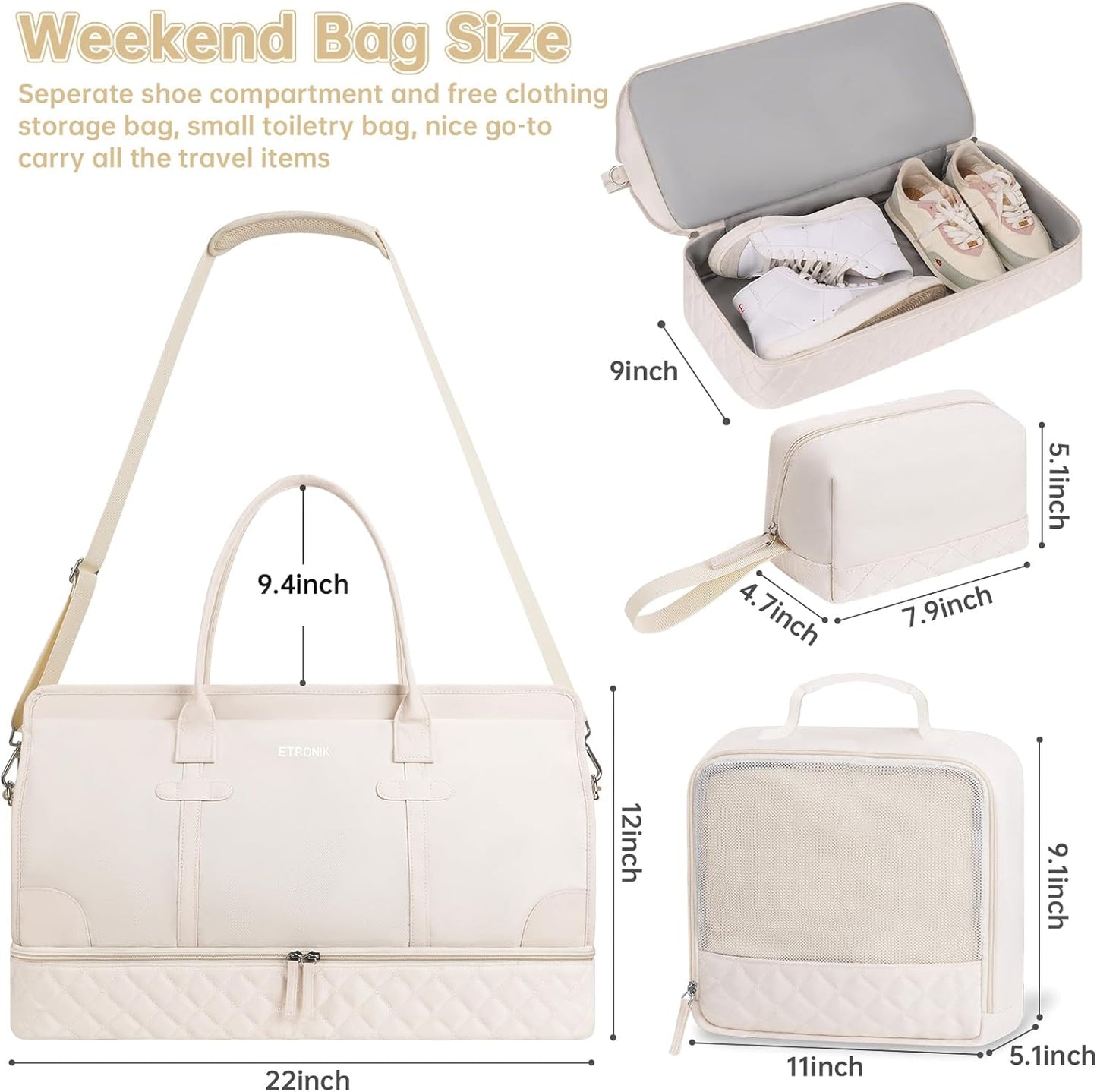 ETRONIK Weekender Overnight Bag for Women, Large Travel Duffle Bag with Shoe Compartment & Wet Pocket, Carry On Tote Bag Gym Duffel Bag with Toiletry Bag, Bag for Hospital 3 Pcs Set, XL Size, Beige