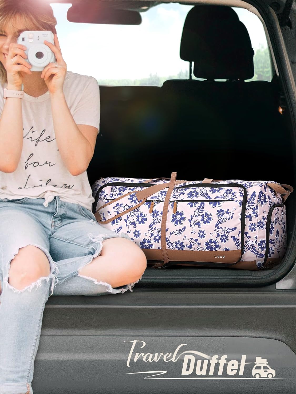 Lekesky Foldable Travel Duffle Bag for Women, Large Duffel Bag with Separate Shoes Compartments & Straps, Carry On Weekend Bag for Women, Hospital, Overnight (Pink Floral Print, 80L)