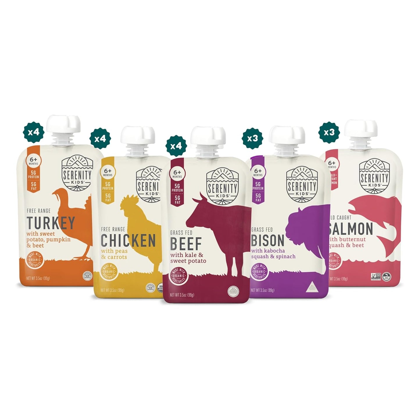 Serenity Kids 6+ Months Ethically Sourced Meat Baby Food Puree Pouches Variety Pack - 18 count (3.5 oz pouches) - No Added Sugar or Sugary Fruits - BPA & Allergen Free Natural Ingredients