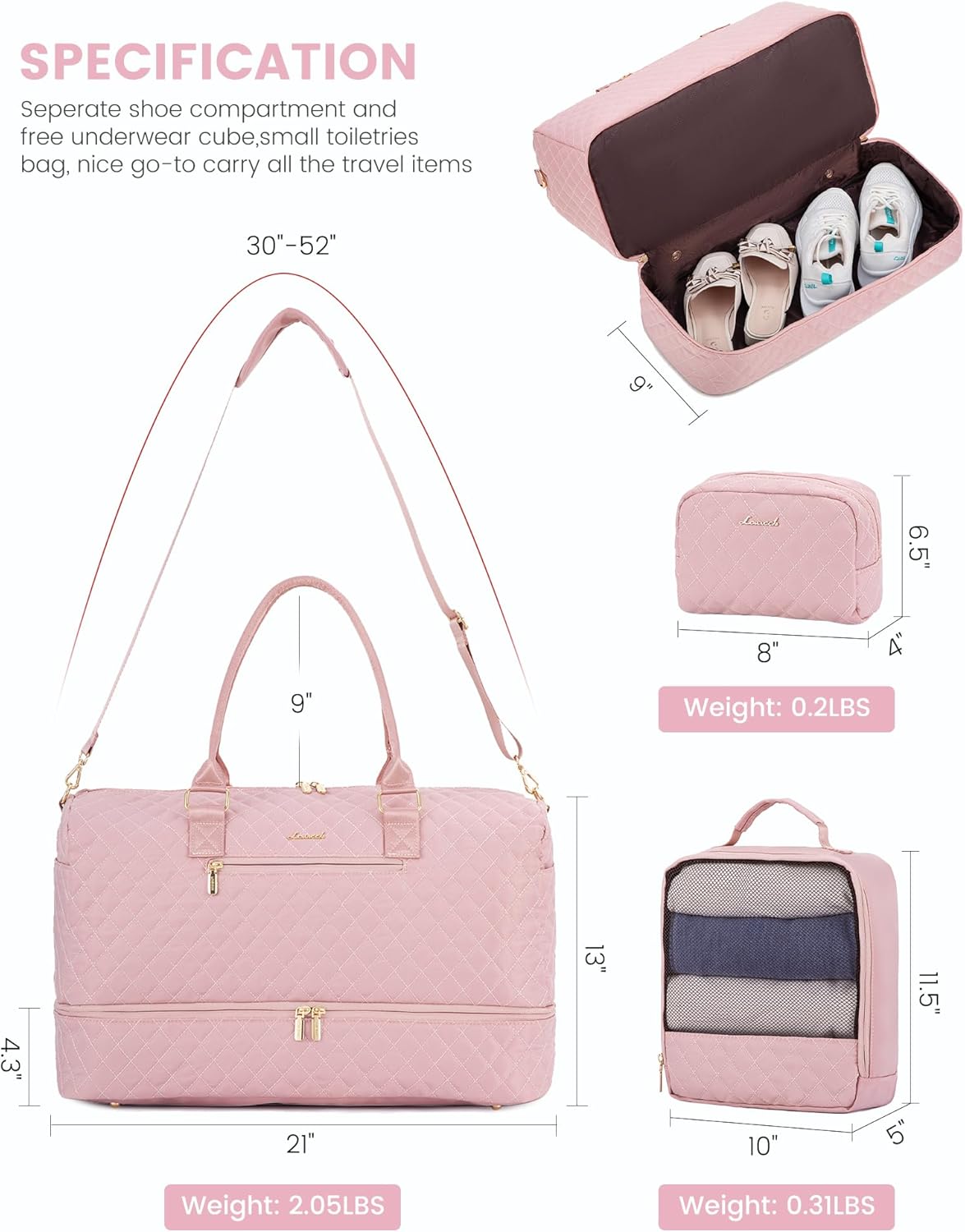 LOVEVOOK Travel Duffle Bag for Women, Weekender Overnight Bag with Shoe Compartment, Carry on Bag with Toiletry Bag, Gym Duffel Bag with Wet Pocket, Hospital Bags for Labor and Delivery 3 Pcs Set