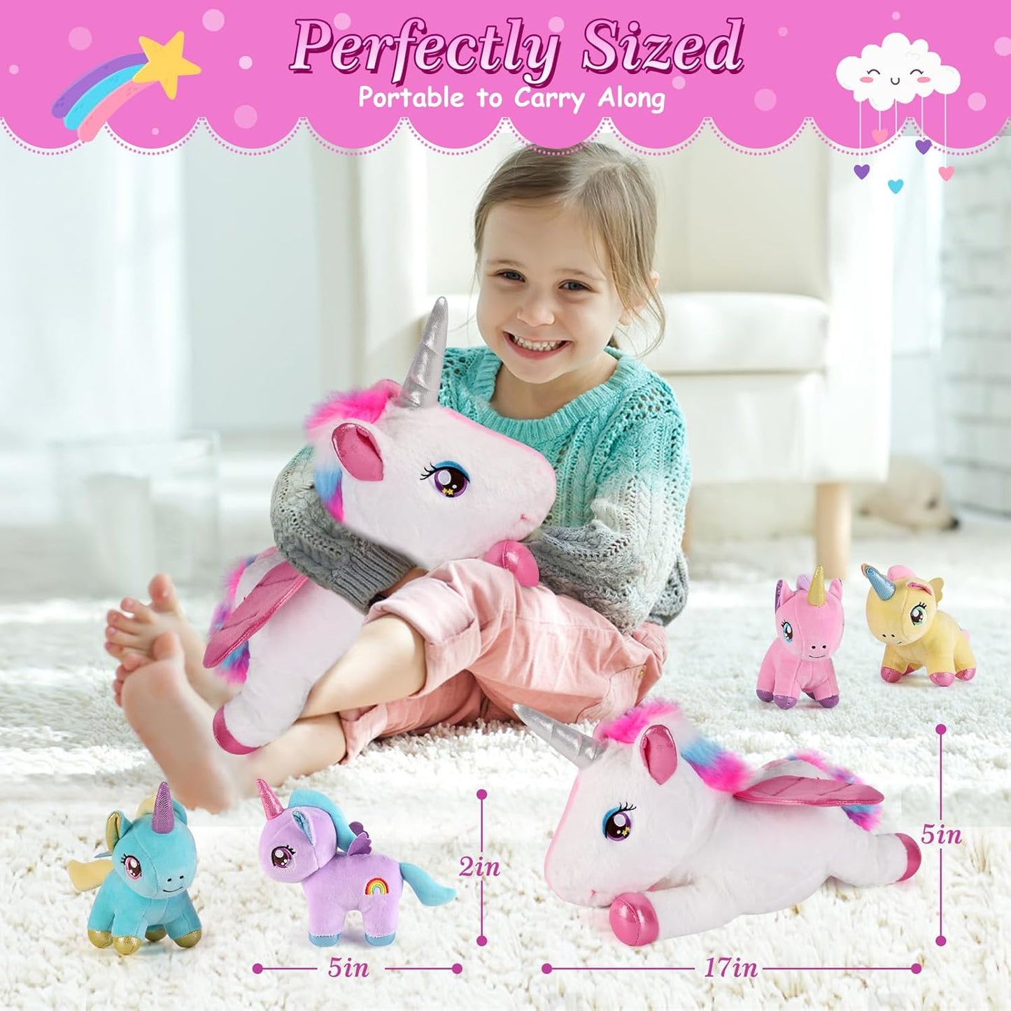 5 Pieces Unicorn Stuffed Animals - 1 Mommy Stuffed Unicorn with 4 Babies - Unicorns Gifts for Girls Ages 3 4 5 6 7 8, Unicorns Plush Toys for Christmas, Valentine's, Birthday Gifts (Pink)