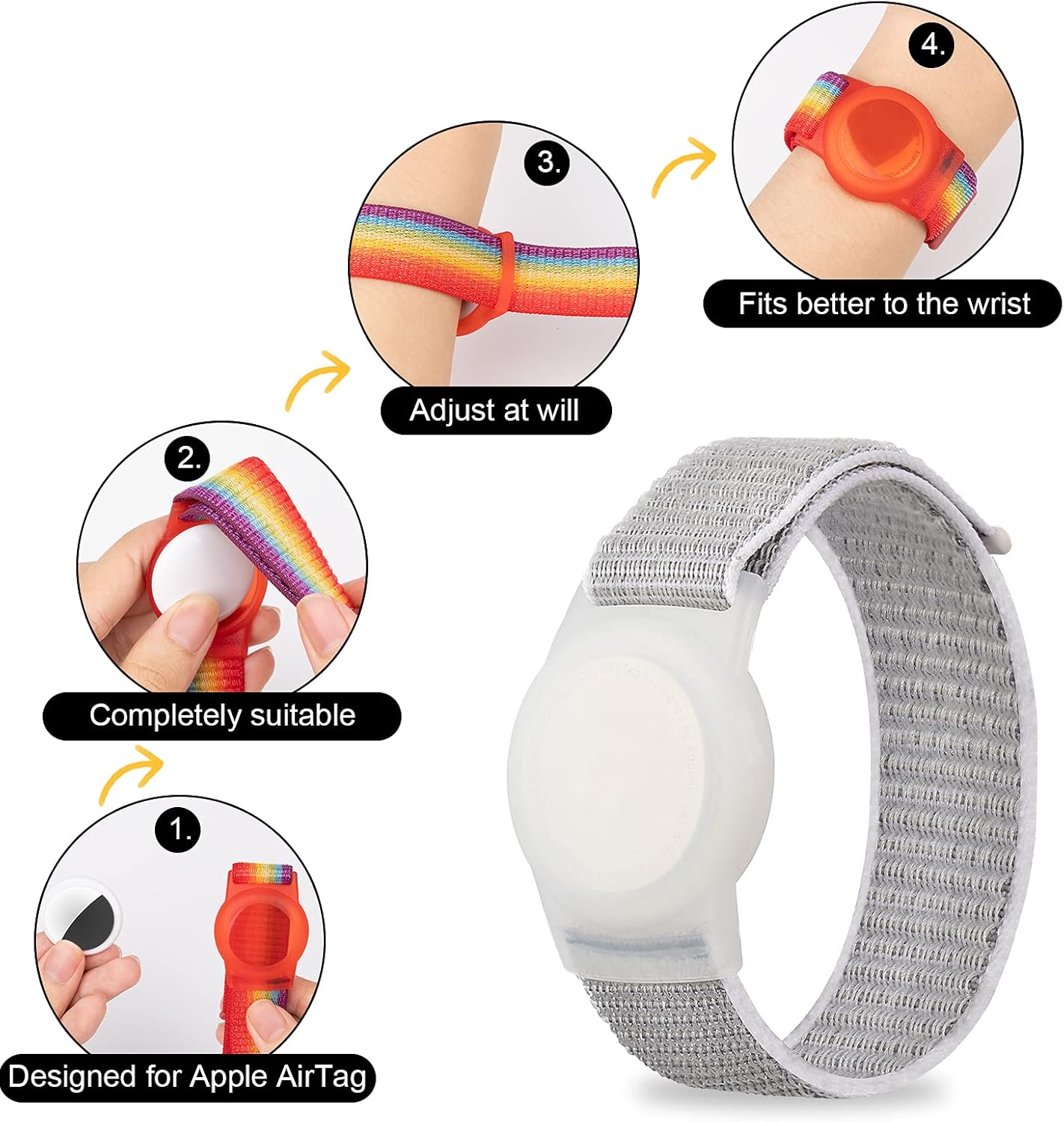 AirTag Bracelet for Kids, Apple Air Tag Protective Cover with Nylon Wristband, Anti Lost GPS Trackers Case Cover Elastic Watch Band for Toddlers Girls Boys Elders (Grey)