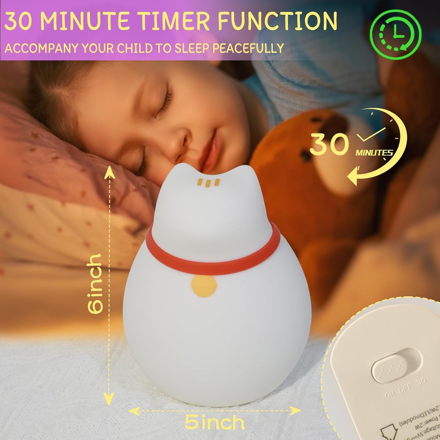 7-Color Changing Cat Night Light, Silicone Rechargeable Nursery Light with Timer & 3 Modes, Kids Bedroom Lamp Touch Sensor (Cute Animal Design)