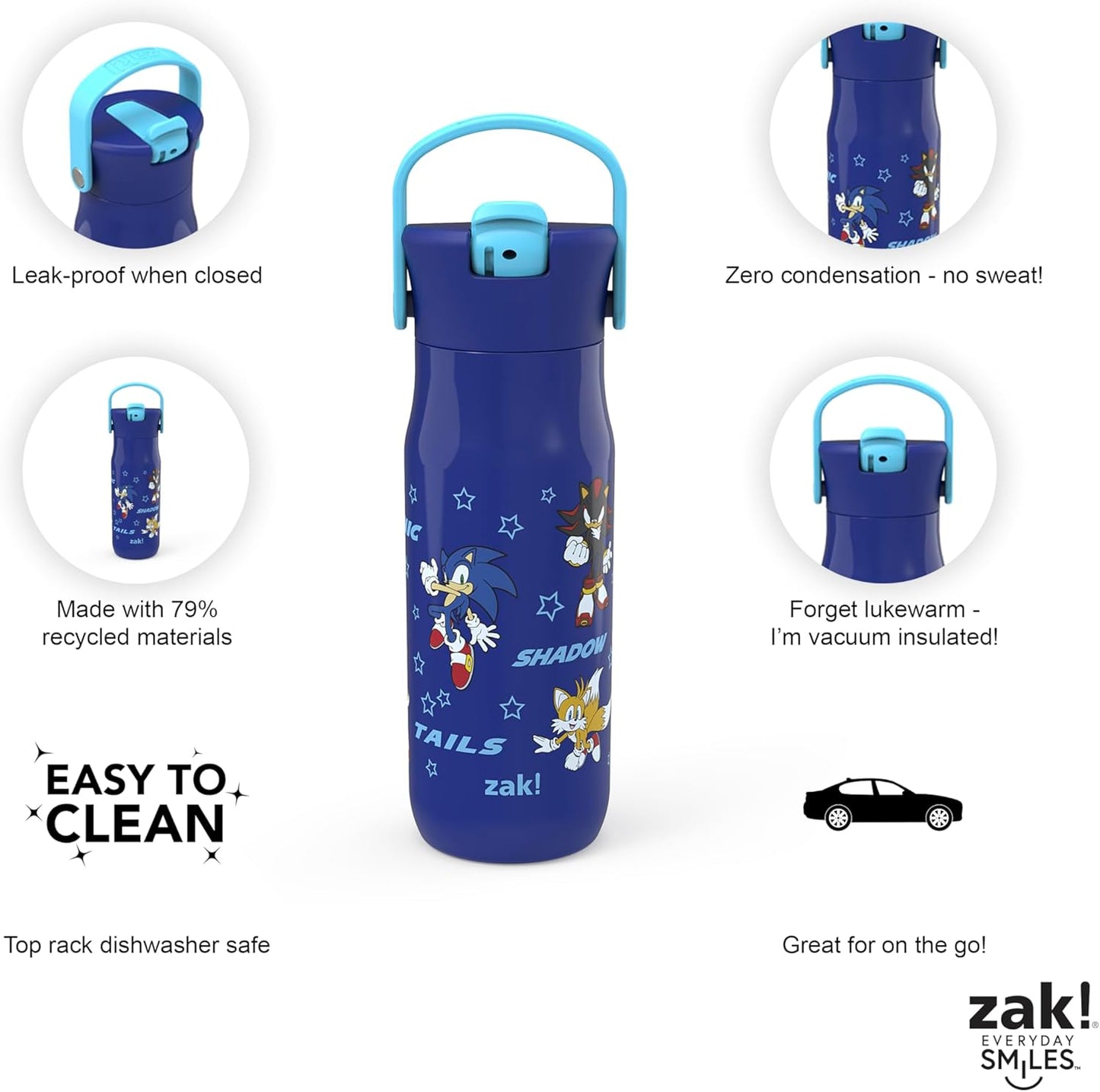 Zak Designs Harmony Sonic the Hedgehog Water Bottle for Travel or Home, 20oz Recycled Stainless Steel is Leak-Proof When Closed and Vacuum Insulated with Straw Lid and Carry Handle (Sonic & Friends)