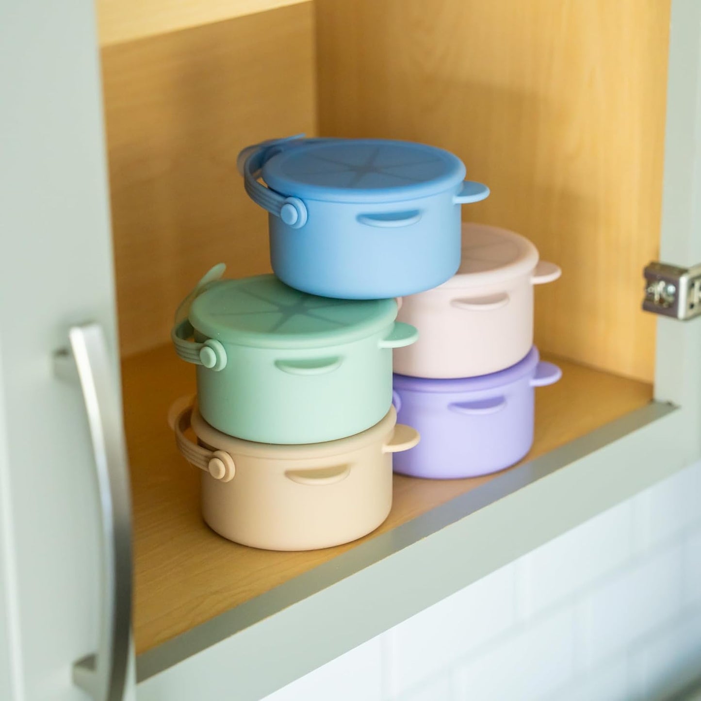 Silicone No Spill Snack Cups for Toddlers – Portable Baby Snack Cup Containers with Dustproof Lid – Dishwasher-Friendly Toddler Spill Proof Cups Without BPA, Lead, or Phthalates – Pink and Lilac