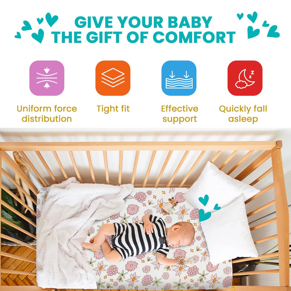 Breathable Crib Mattress, Washable High Rebound Foam for Baby Cribs, Fits Standard Toddler Beds, Mini Size (38" L x 24" W x 1" H), Flower Design