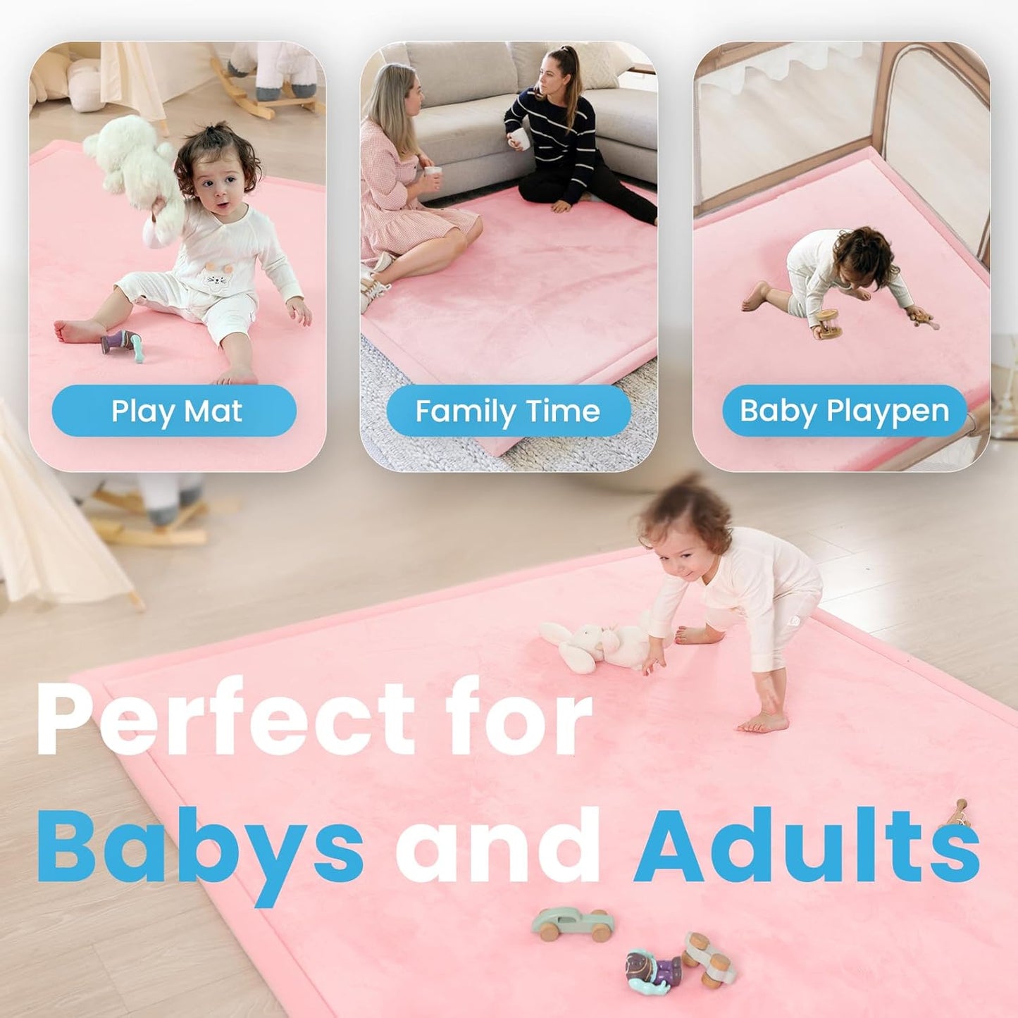 Baby Play Mat for Kids Room,Extra Thick Elasti-Foam Anti-Fall Cushion Mat for Babies,Toddlers,Infants,Water-Repellent&Non-Slip Bedroom Bedside Rugs(Pink)