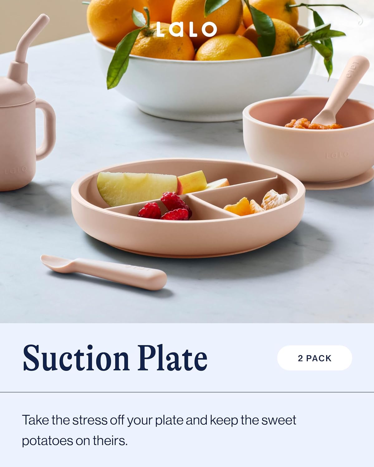 Lalo Suction Plates - 2 Pack, 100% Silicone Non-Toxic BPA-Free Baby Plates with Suction Base To Prevent Accidental Tip-Overs - Suction Plates for Toddlers With Three Divided Sections - Grapefruit
