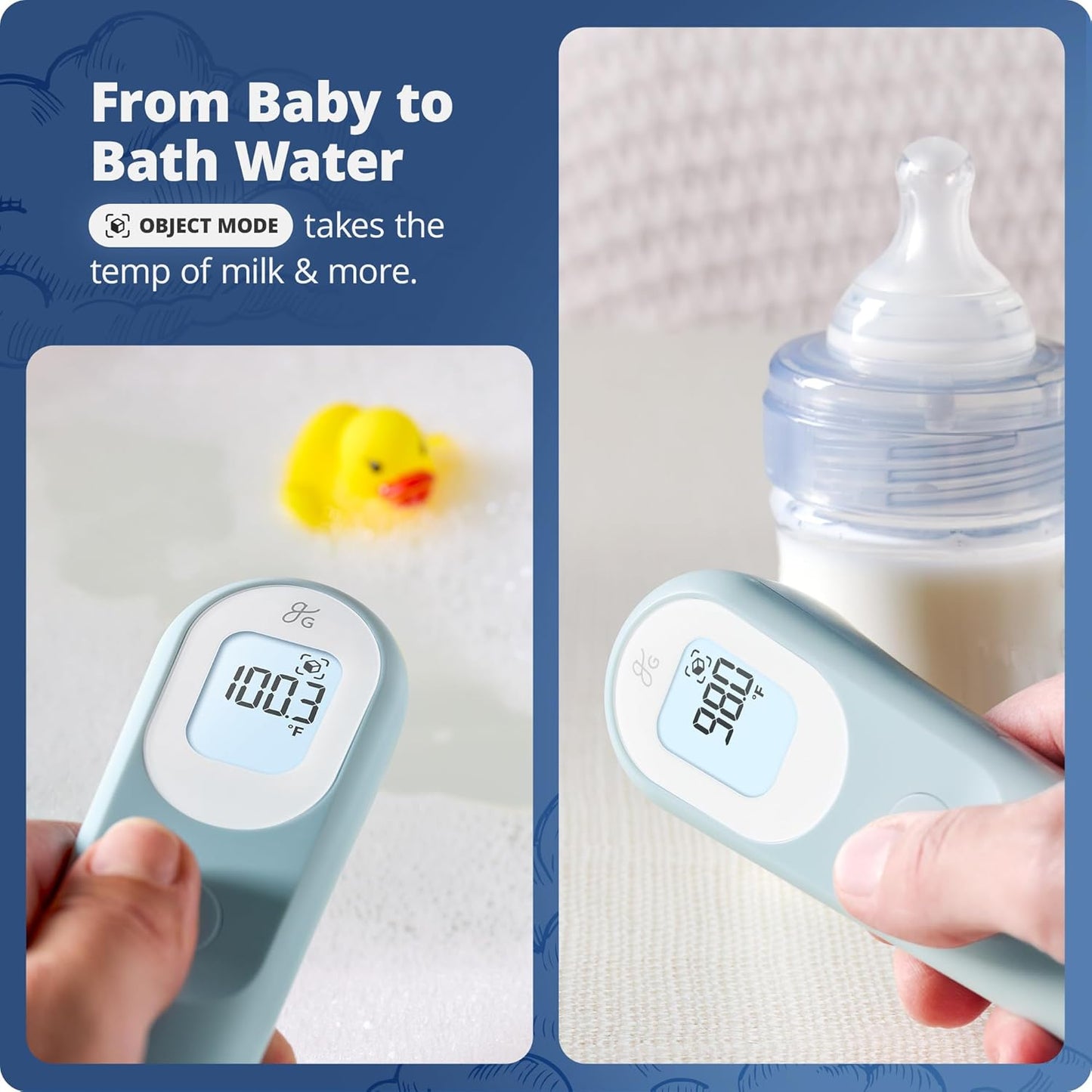 Greater Goods No-Touch Infrared Digital Thermometer for Adults, Kids, and Babies, Forehead Thermometer with Ergonomic Grip, Fever Alarm, Powder Blue