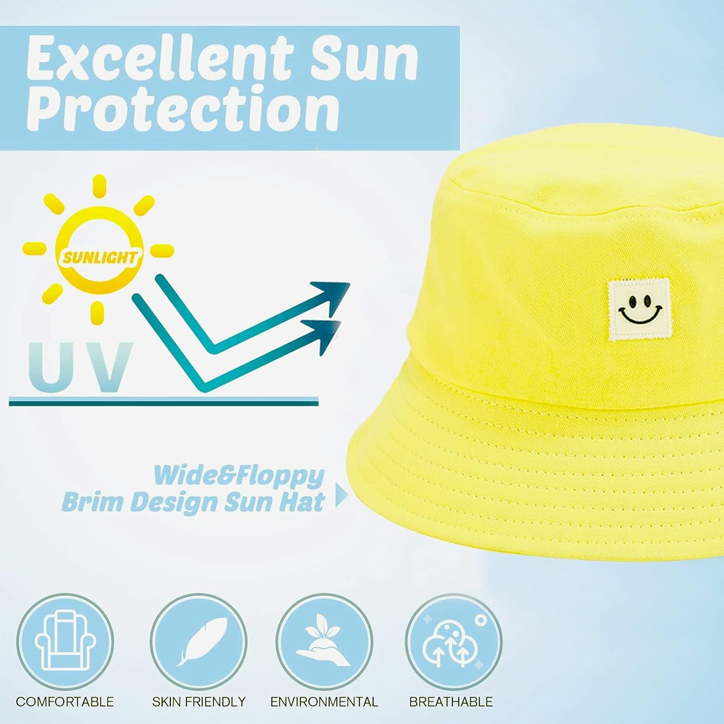 Kids Sun Hat Smile Face Bucket Hat for Girls Boys Summer Sun Protection Cotton Unisex Beach Cap