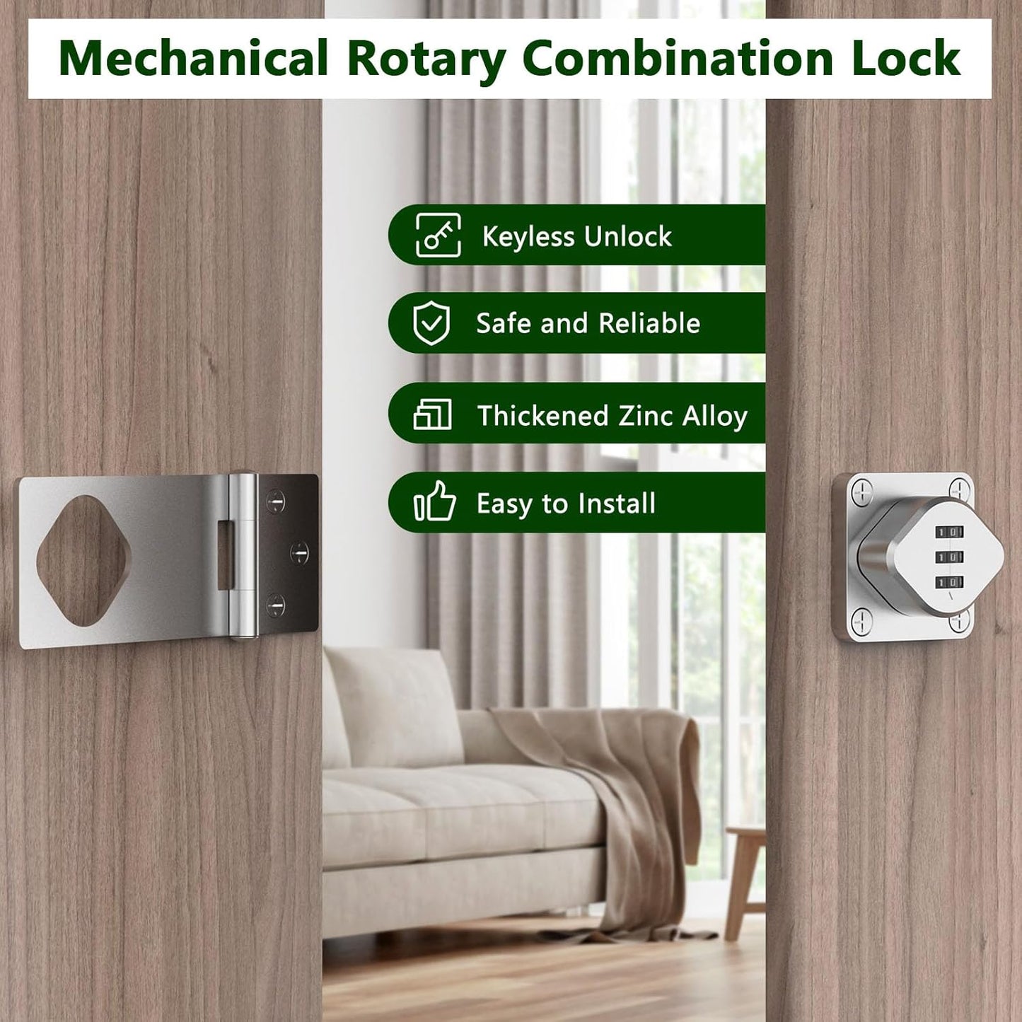 Cabinet with Combination Lock – Keyless Hasp Security, 3-Digit Code Sliding Barn Door Latch for Small Entries, Bathrooms, Refrigerators, Gardens (2, Silver)