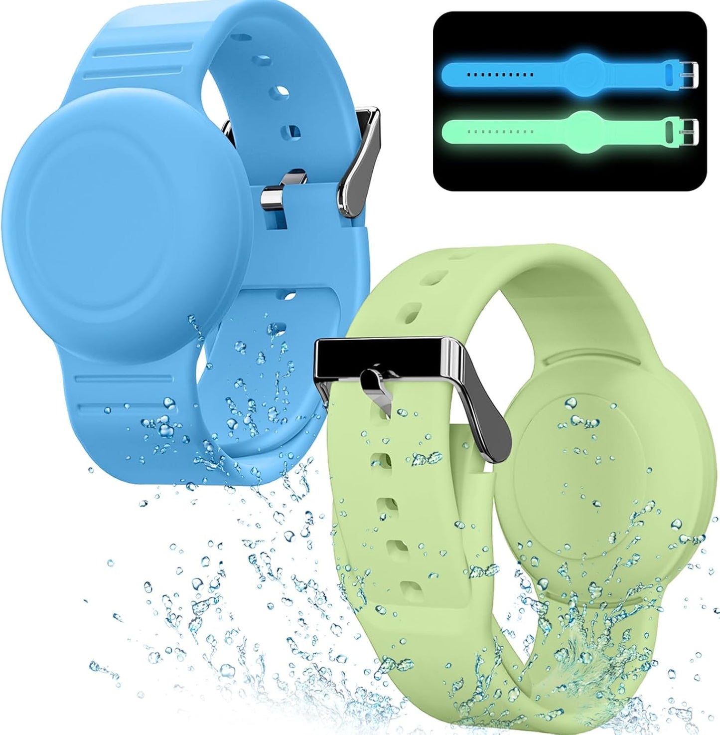 Waterproof Bracelet Compatible with Airtag Case for Kids(2 Pack), Soft Silicone Hidden Wristband, Lightweight GPS Tracker Compatible with Apple Air Tag Watch Band for Child (Grow in Dark Blue & Green)