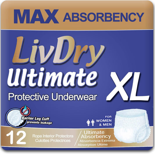 LivDry Ultimate XL Adult Incontinence Underwear, Max Absorbent Adult Diapers with Leak Protection, X-Large, 12-Pack