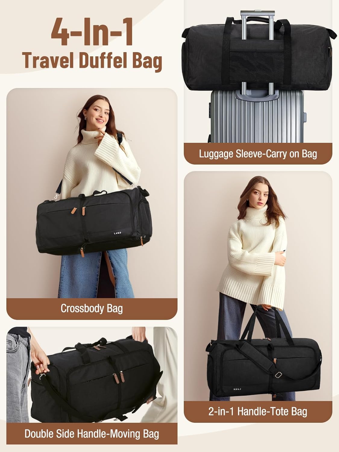 Lekesky Foldable Travel Duffle Bag for Women, 60L Large Duffel Bag with Separate Shoes Compartments & Straps, Carry On Weekend Bag for Women, Hospital, Overnight (Black)