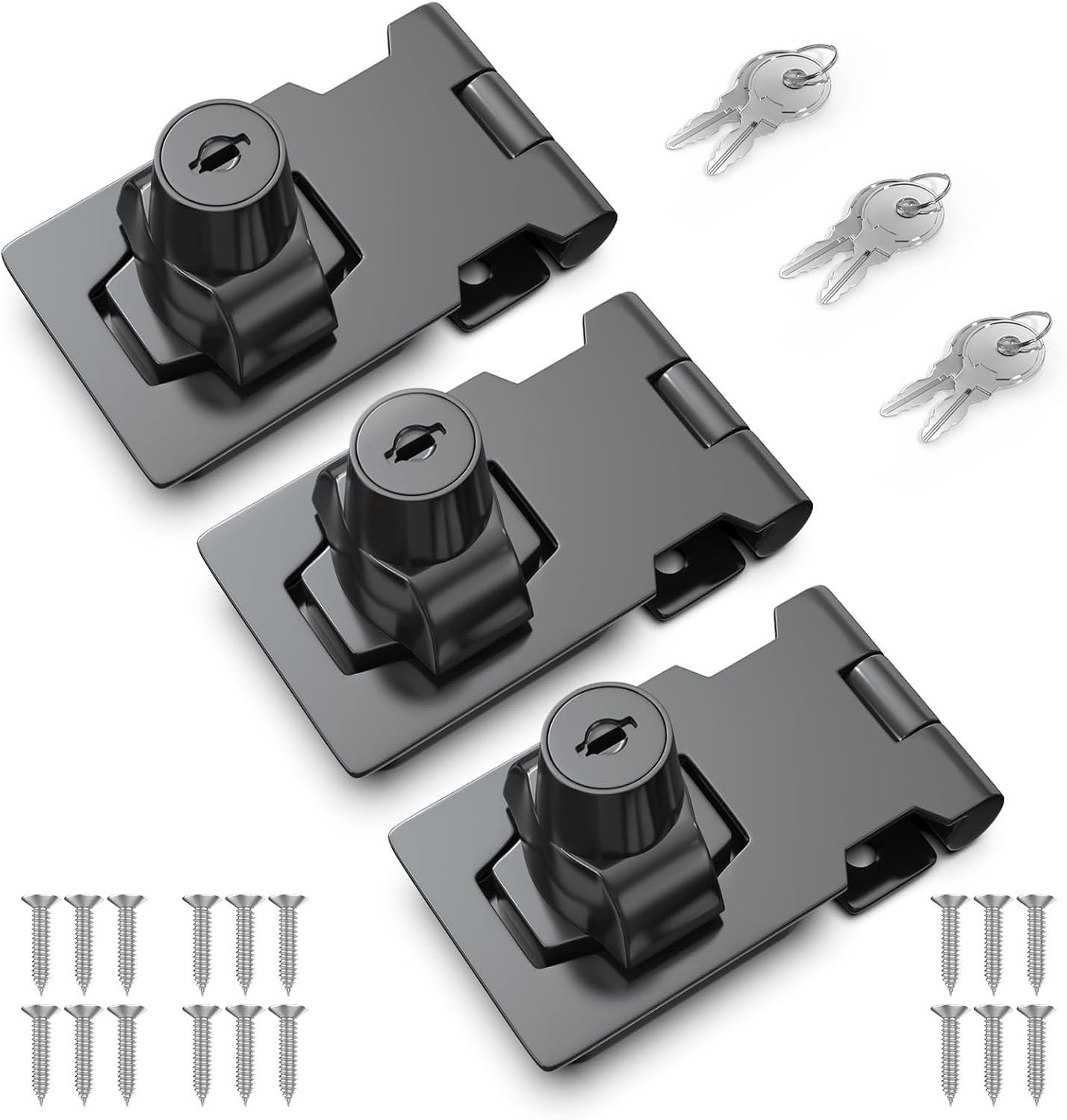2.5 Inch Keyed Hasp Lock for Cabinets & Small Doors, Twist Knob Design, Heavy Duty Zinc Alloy with Chrome-Plated Iron, Includes Keys & Screws - Black, 3 Pack