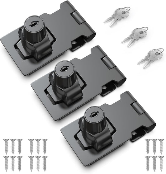2.5 Inch Keyed Hasp Lock for Cabinets & Small Doors, Twist Knob Design, Heavy Duty Zinc Alloy with Chrome-Plated Iron, Includes Keys & Screws - Black, 3 Pack