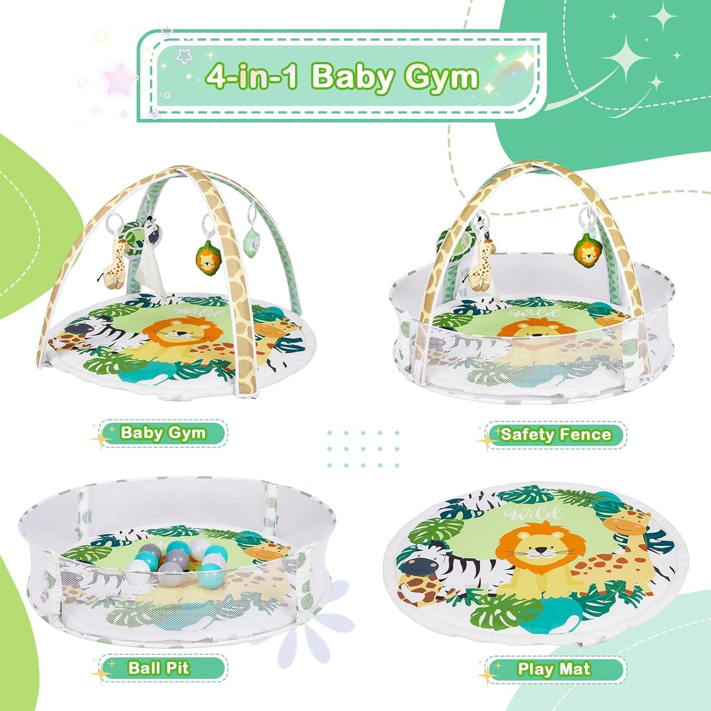 Baby Play Mat, 4-in-1 Baby Play Gym Tummy Time Mat with Ball Pit and 5 Detachable Toys for Newborn to Develop Sensory Exploration and Motor Skill 0-6-12 Months