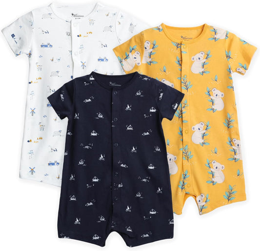 3-Pack 100% Cotton Baby Boy Rompers,0-24Months Short Sleeve Toddler Romper,Breathable Spring/Summer Clothes