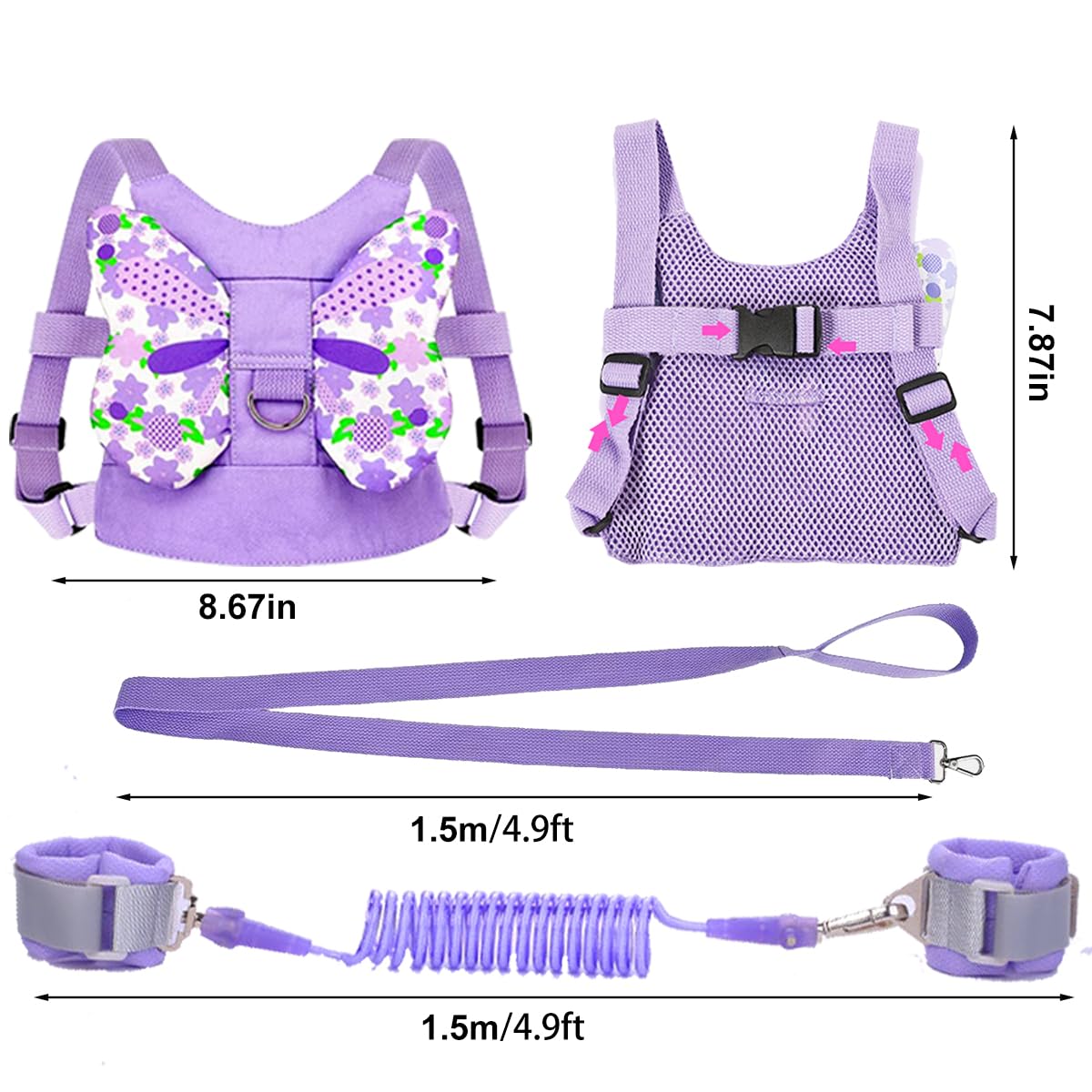 Anti Lost Toddler Harness - Butterfly Baby Leash and Wrist Link with Lock, Child walking Harness Assistant for Girls, Cute Traction Safety Leash for Kids, Holiday Travel Christmas Gift, Purple