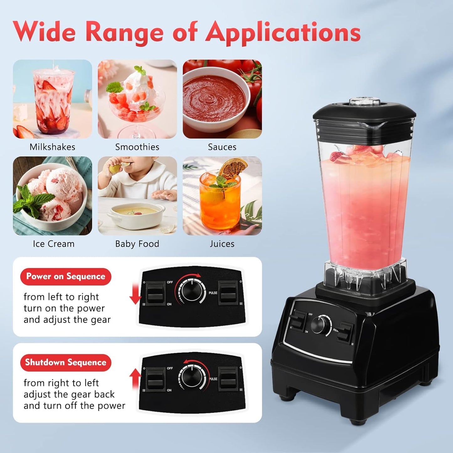 Blender 2L Automatic Smoothie Mixer Baby Food Blender 68oz Fruit Vegetables Juicer 2200W High-Speed Blender Tabletop Soundproof Milkshake Maker (Black)