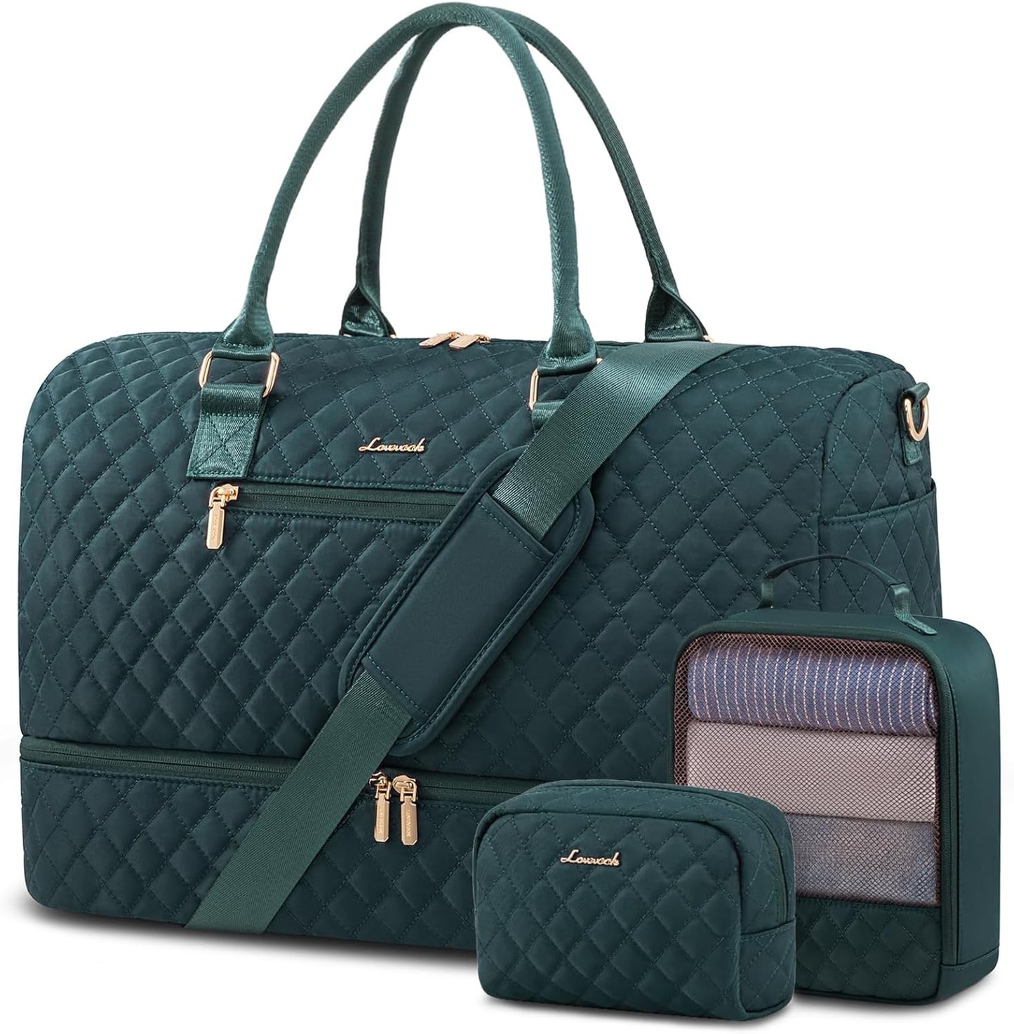 LOVEVOOK Travel Duffle Bag for Women, Weekender Overnight Bag with Shoe Compartment, Carry on Bag with Toiletry Bag, Gym Duffel Bag with Wet Pocket, Hospital Bags for Labor and Delivery 3 Pcs Set