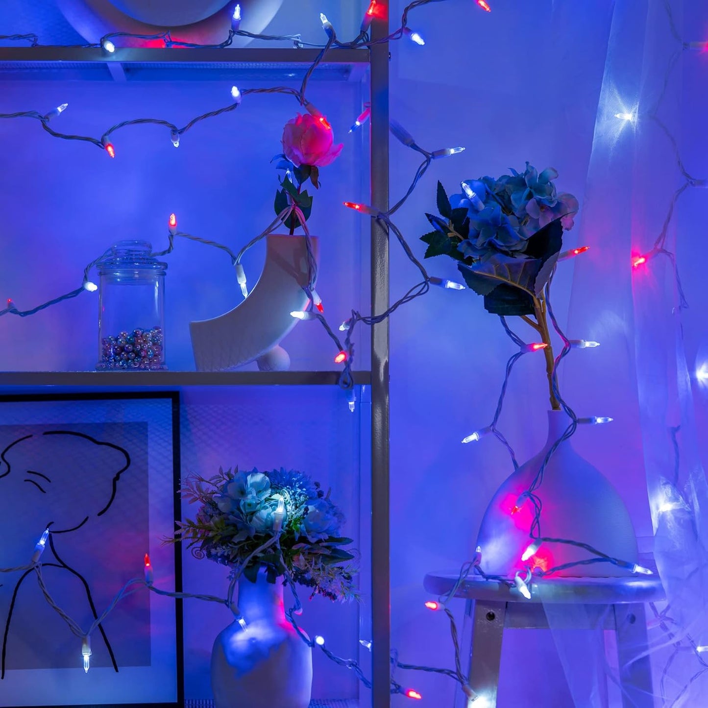 YULETIME 200 Count Red White & Blue LED Christmas Lights, 66 Feet White Wire UL Certified Commercial Grade Holiday String Light Set