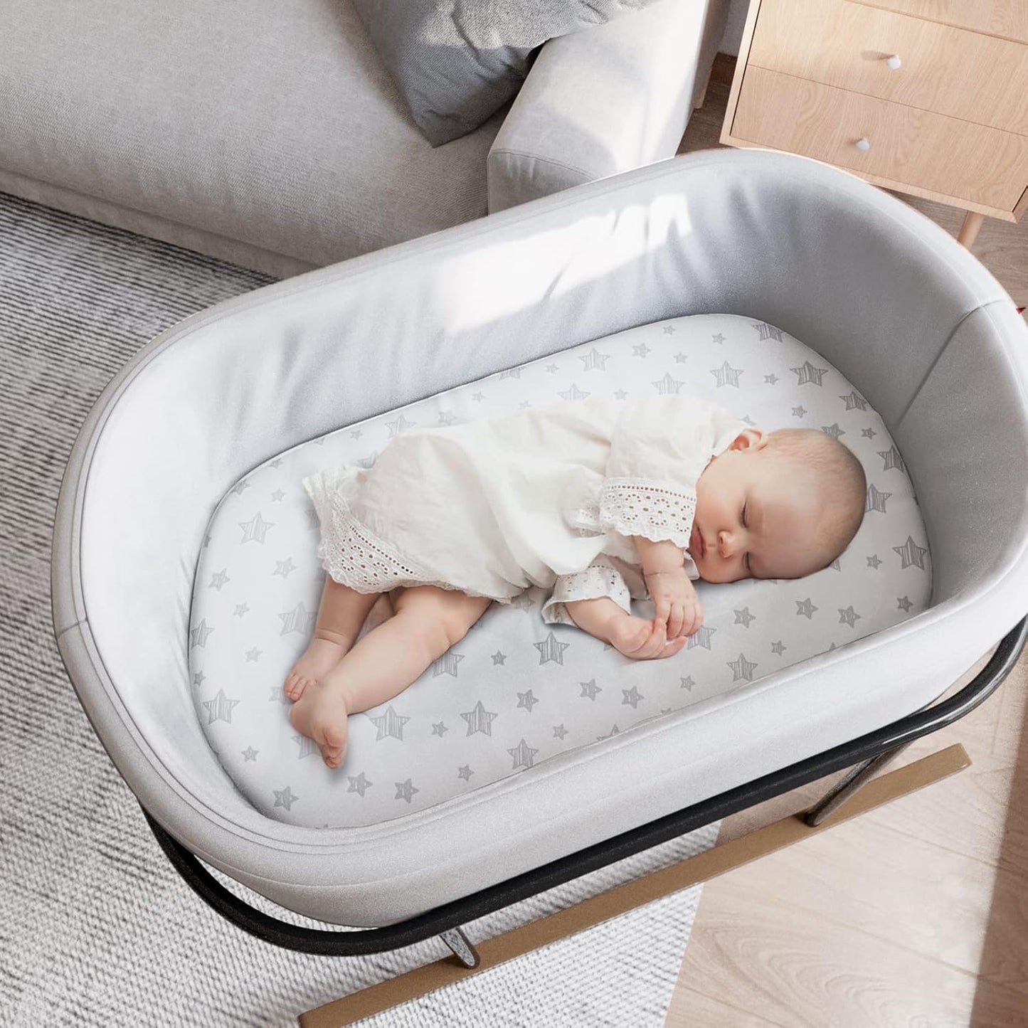 Bassinet Sheets Set 4 Pack for Baby Boy or Girl, Universal Fit for Oval, Hourglass and Rectangular Mattress, Grey